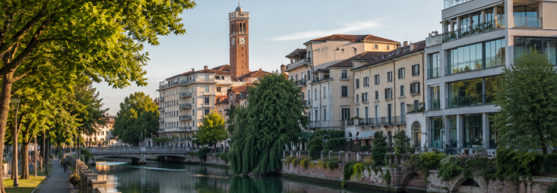 Treviso vista lungo il Sile con il centro storico e il verde urbano